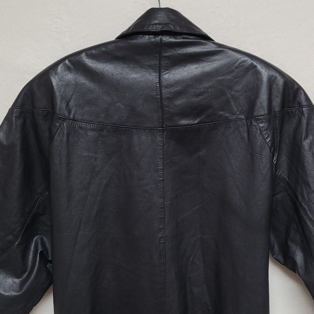 80s Vintage BKE Black Leather Longline Dolman Sleeve Oversized Trench Coat 7/8 - Picture 10 of 14
